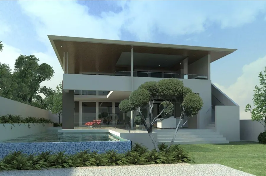 Rear elevation of the Buzza family home — pool, floating cantilevered roof, expansive glazing.