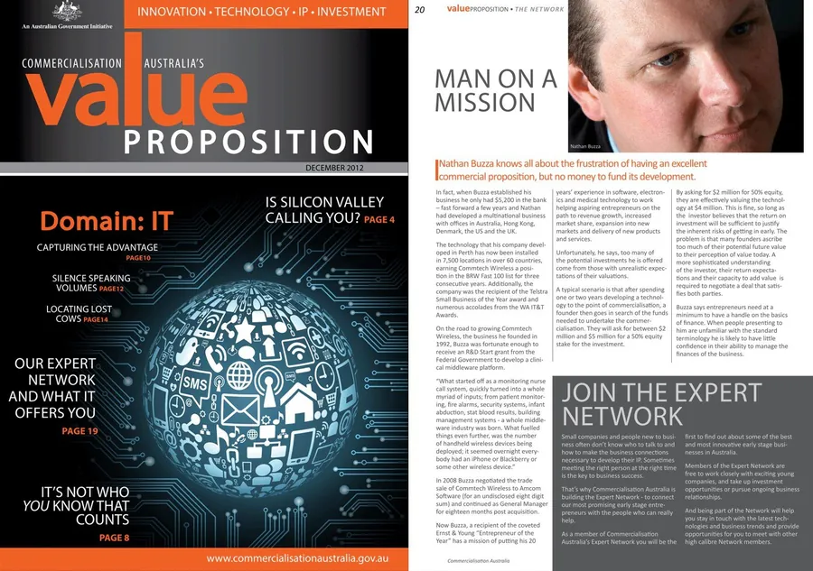 Cover of Commercialisation Australia's Value Proposition magazine, December 2012, featuring 'Man on a Mission'.